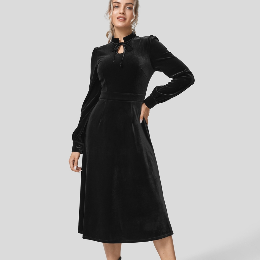 NWT HALARA Stand Collat Tie Front Black Stretch Velvet Midi Dress Size XS